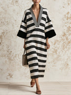 Women’s Black & White Striped V-Neck Midi Dress – Relaxed Fit Woven Dress With Wide Sleeves