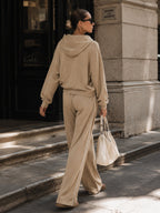 Women’s Luxury Beige Hooded Two Piece Set – Oversized Pullover Top & Wide Leg Pants Casual Chic Lounge Outfit