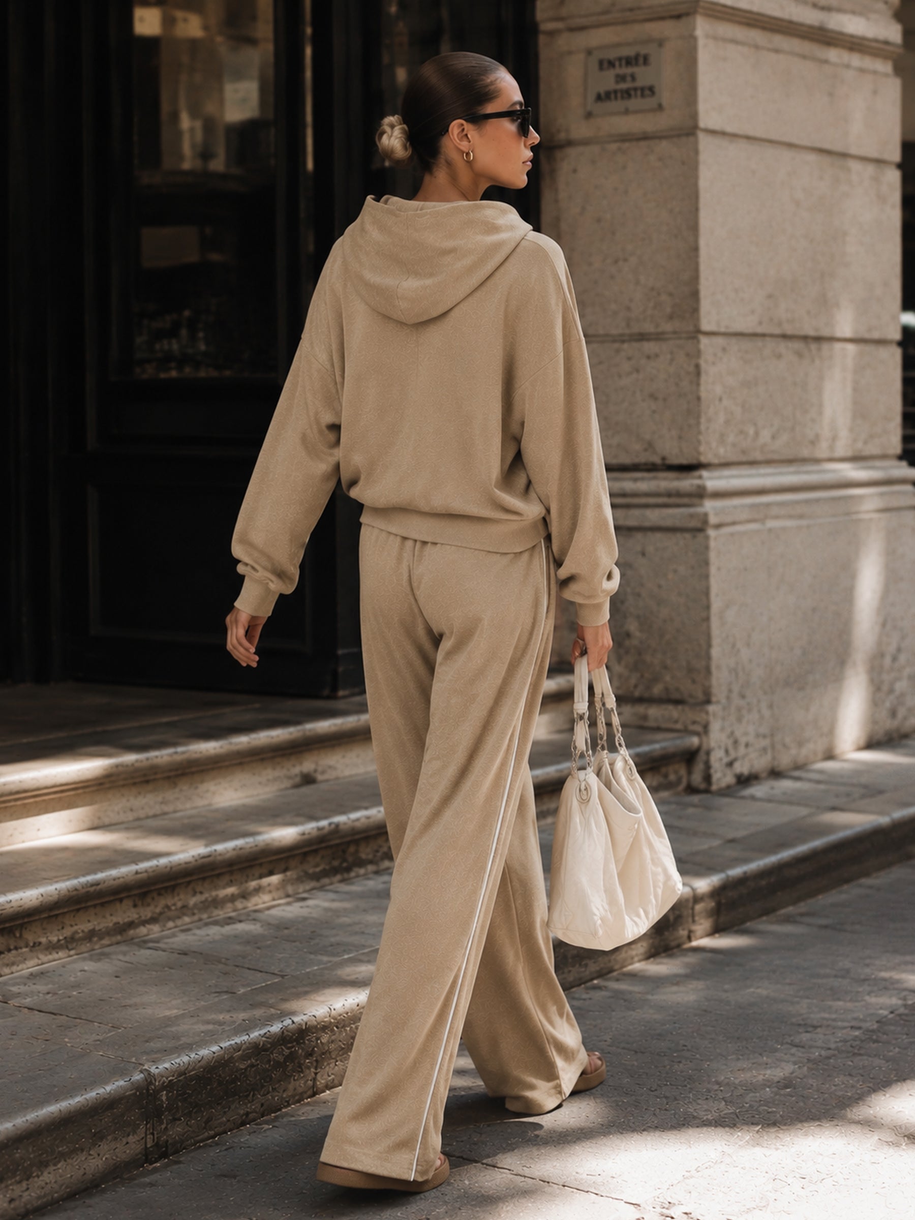 Women’s Luxury Beige Hooded Two Piece Set – Oversized Pullover Top & Wide Leg Pants Casual Chic Lounge Outfit