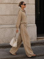 Women’s Luxury Beige Hooded Two Piece Set – Oversized Pullover Top & Wide Leg Pants Casual Chic Lounge Outfit