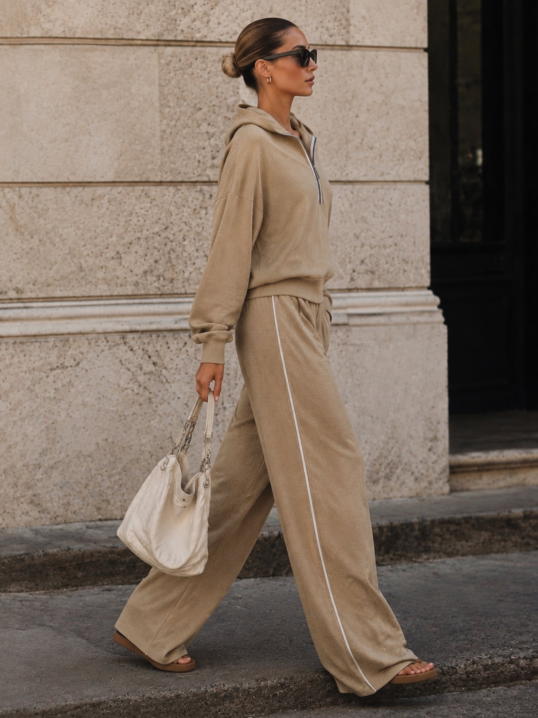 Women’s Luxury Beige Hooded Two Piece Set – Oversized Pullover Top & Wide Leg Pants Casual Chic Lounge Outfit