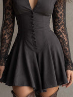Gothic Boho Collared V Neck Button Down Floral Lace Sleeve Mini Dress