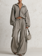 Grey Contrast Piping Zip‑Up Cropped Top & Cargo Wide‑Leg Pants Two‑Piece Set