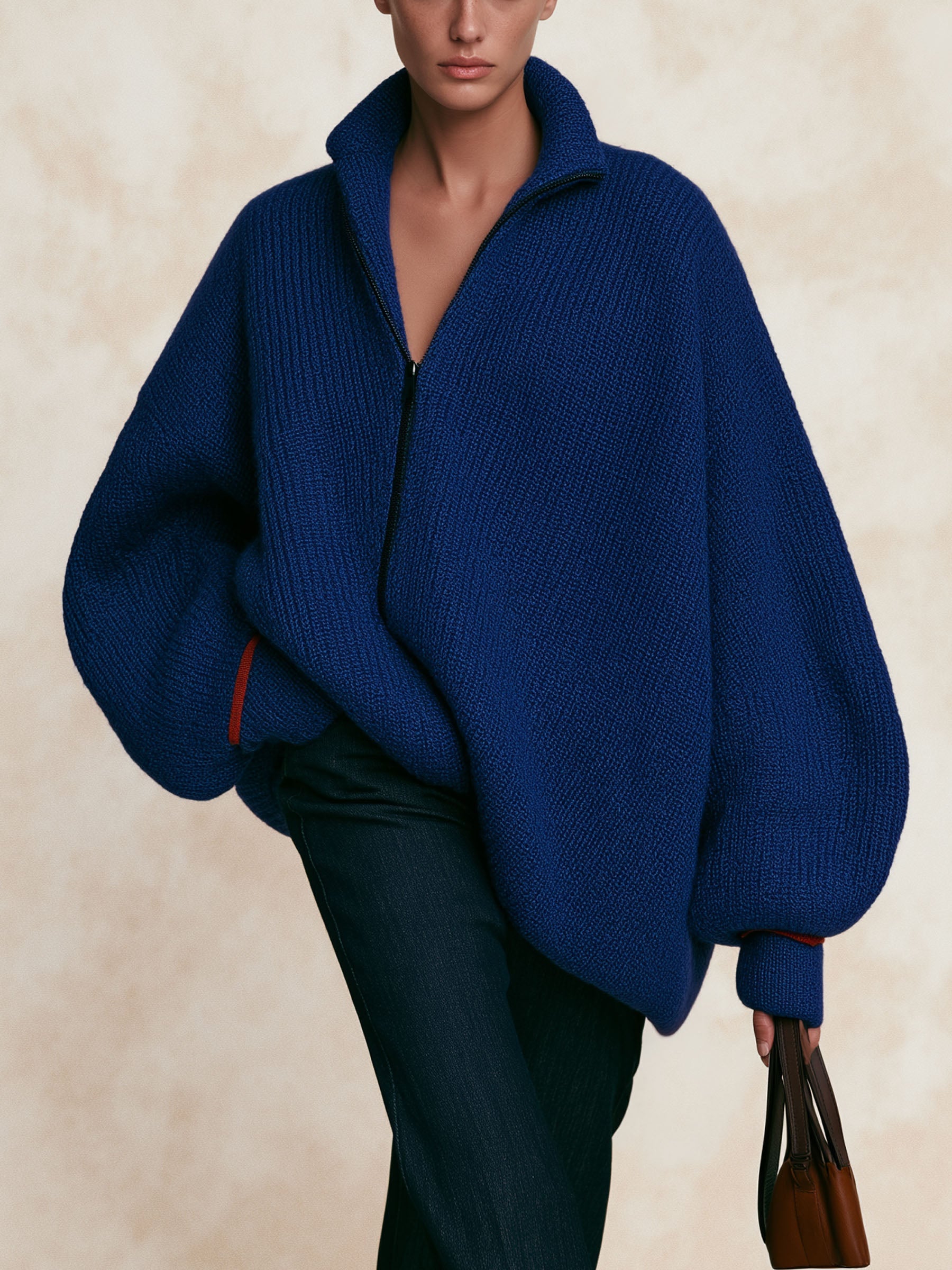 Oversized Half‑Zip Stand Collar Knit Sweater
