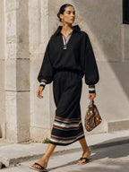 Women’s Black Luxury Midi Dress – Oversized Long Sleeve Collared Dress With Striped Trim Elegant Casual Style