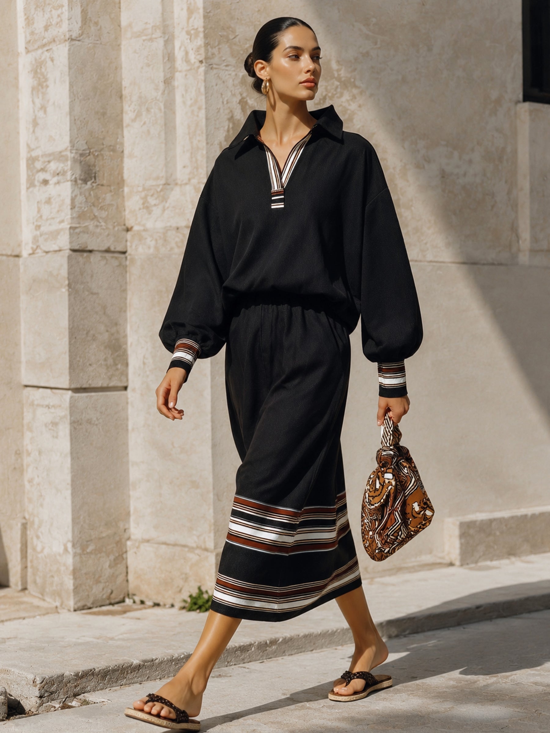 Women’s Black Luxury Midi Dress – Oversized Long Sleeve Collared Dress With Striped Trim Elegant Casual Style