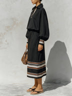 Women’s Black Luxury Midi Dress – Oversized Long Sleeve Collared Dress With Striped Trim Elegant Casual Style