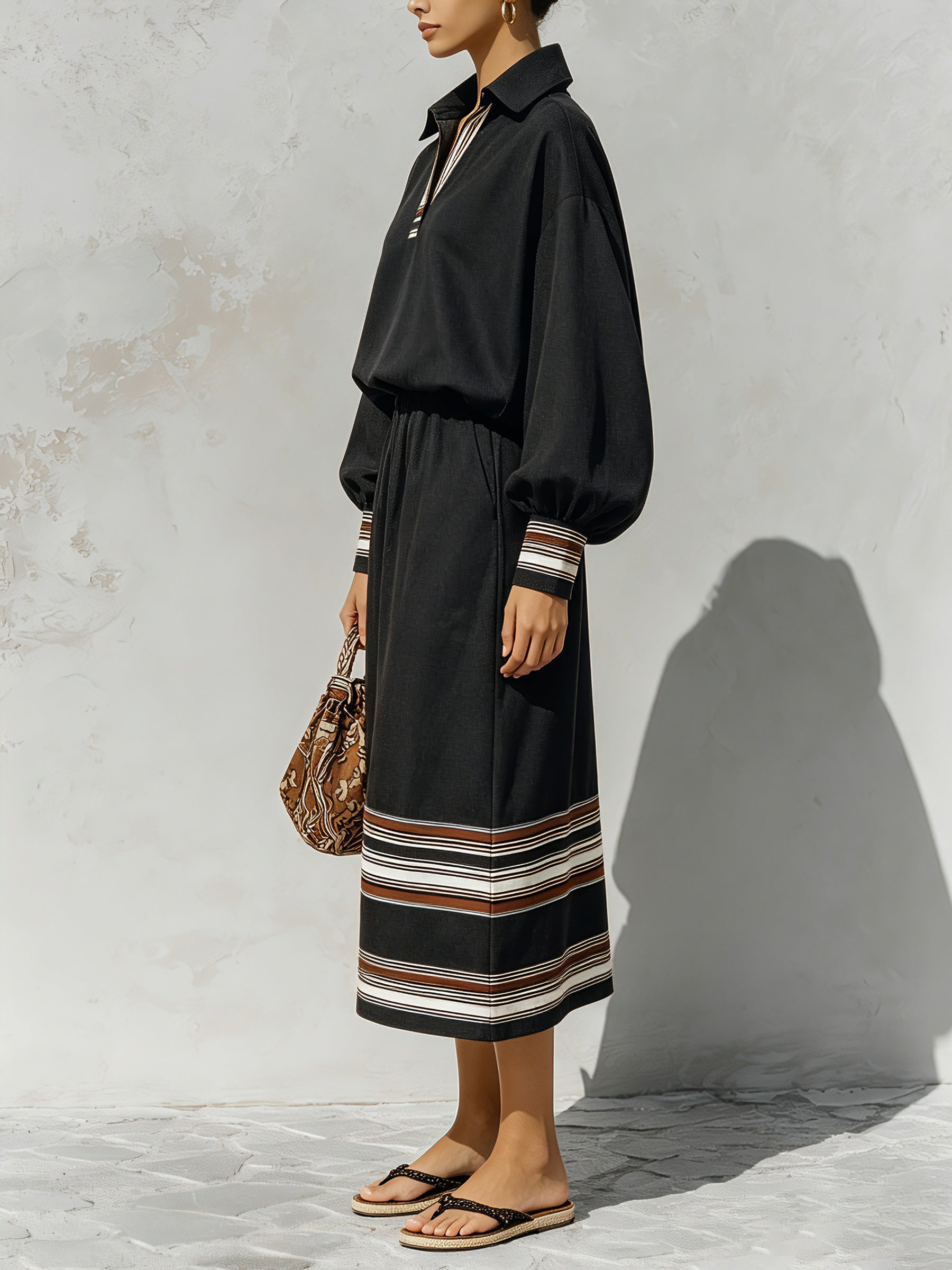 Women’s Black Luxury Midi Dress – Oversized Long Sleeve Collared Dress With Striped Trim Elegant Casual Style