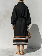 Women’s Black Luxury Midi Dress – Oversized Long Sleeve Collared Dress With Striped Trim Elegant Casual Style