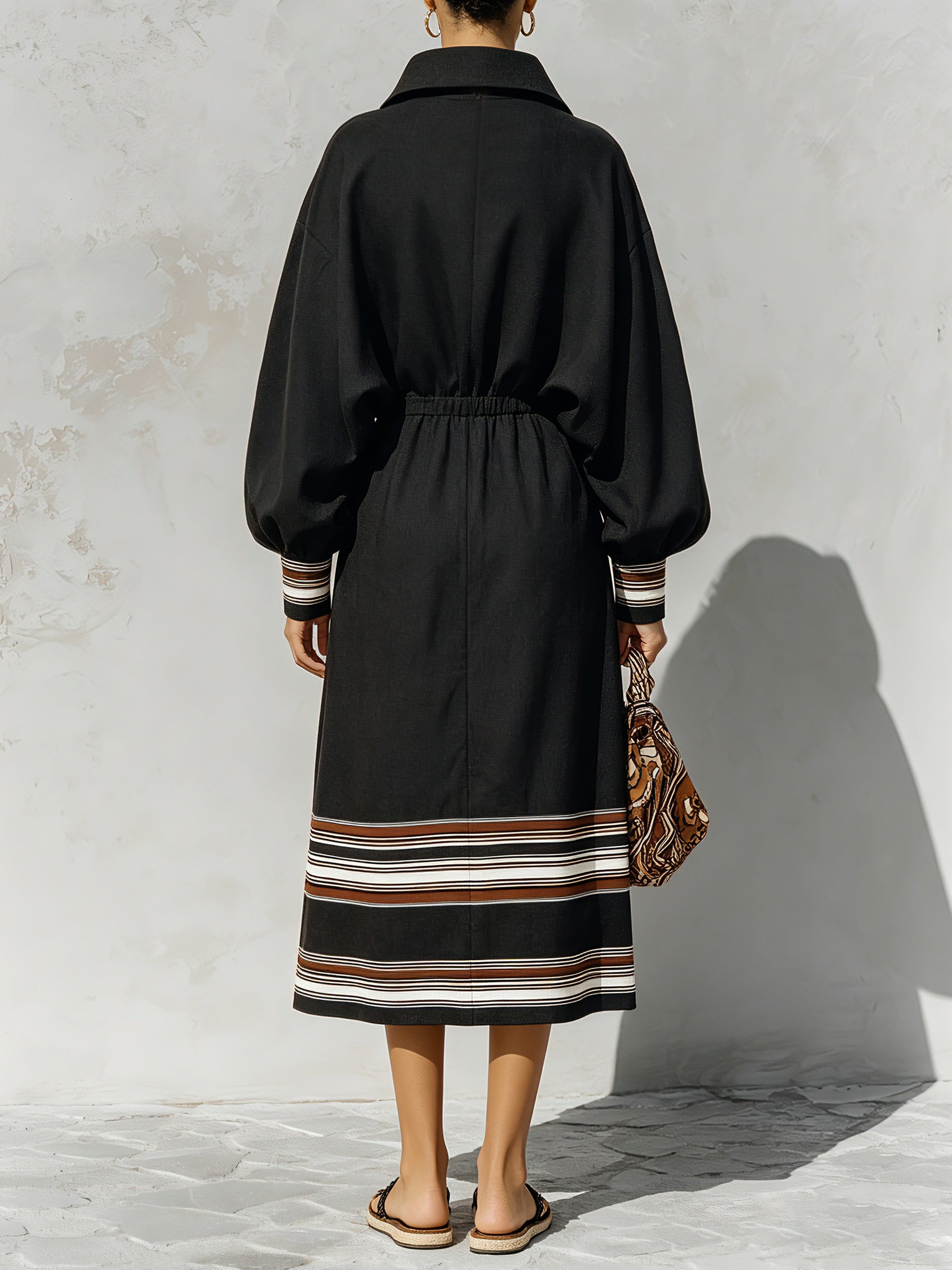 Women’s Black Luxury Midi Dress – Oversized Long Sleeve Collared Dress With Striped Trim Elegant Casual Style