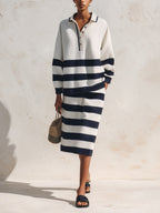 Women’s Striped Polo Two Piece Set – Oversized Long Sleeve Top & Midi Skirt Matching Outfit