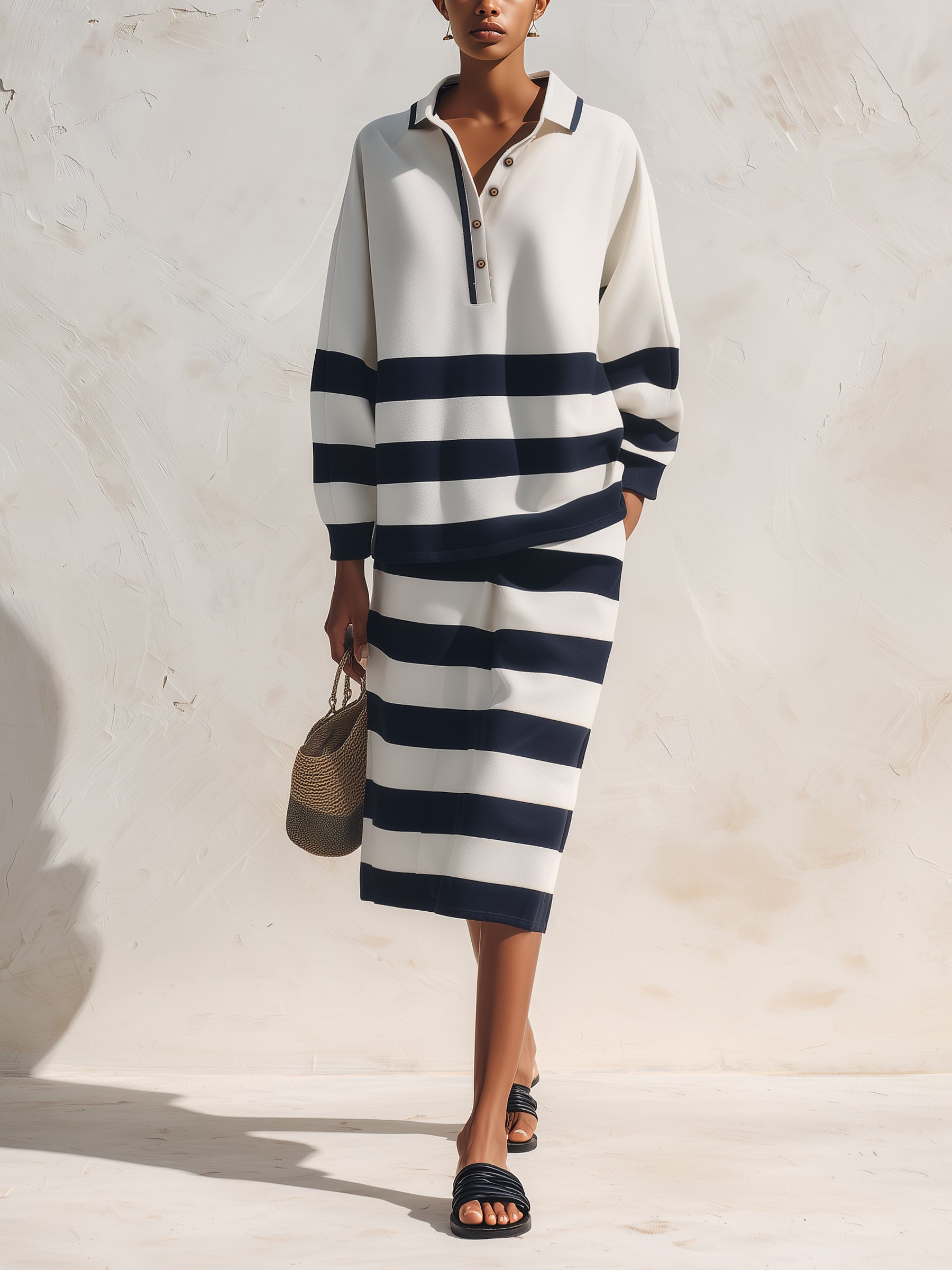 Women’s Striped Polo Two Piece Set – Oversized Long Sleeve Top & Midi Skirt Matching Outfit