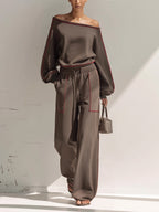 Asymmetrical One Shoulder Red Piping Sweatshirt Wide Leg Pants 2 Piece Set, Luxury Loose Loungewear Tracksuit For Women