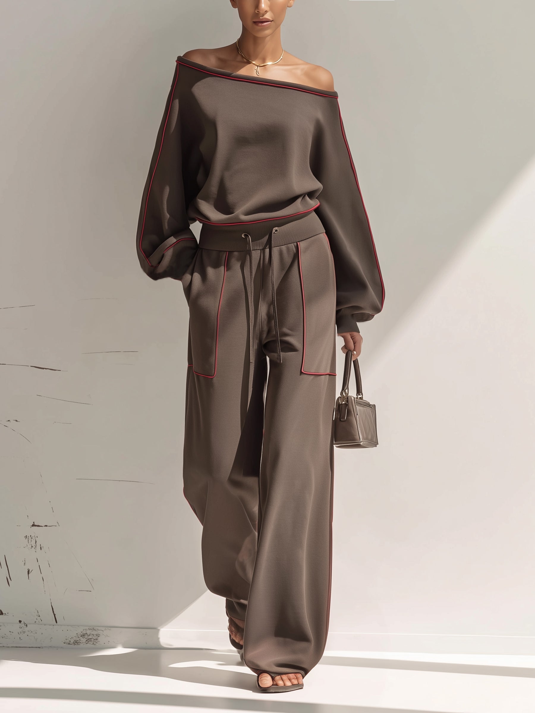 Asymmetrical One Shoulder Red Piping Sweatshirt Wide Leg Pants 2 Piece Set, Luxury Loose Loungewear Tracksuit For Women