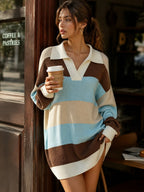 Women’s Oversized Striped Polo Sweater Dress – Casual Long Sleeve Knit Pullover With Collared Neck