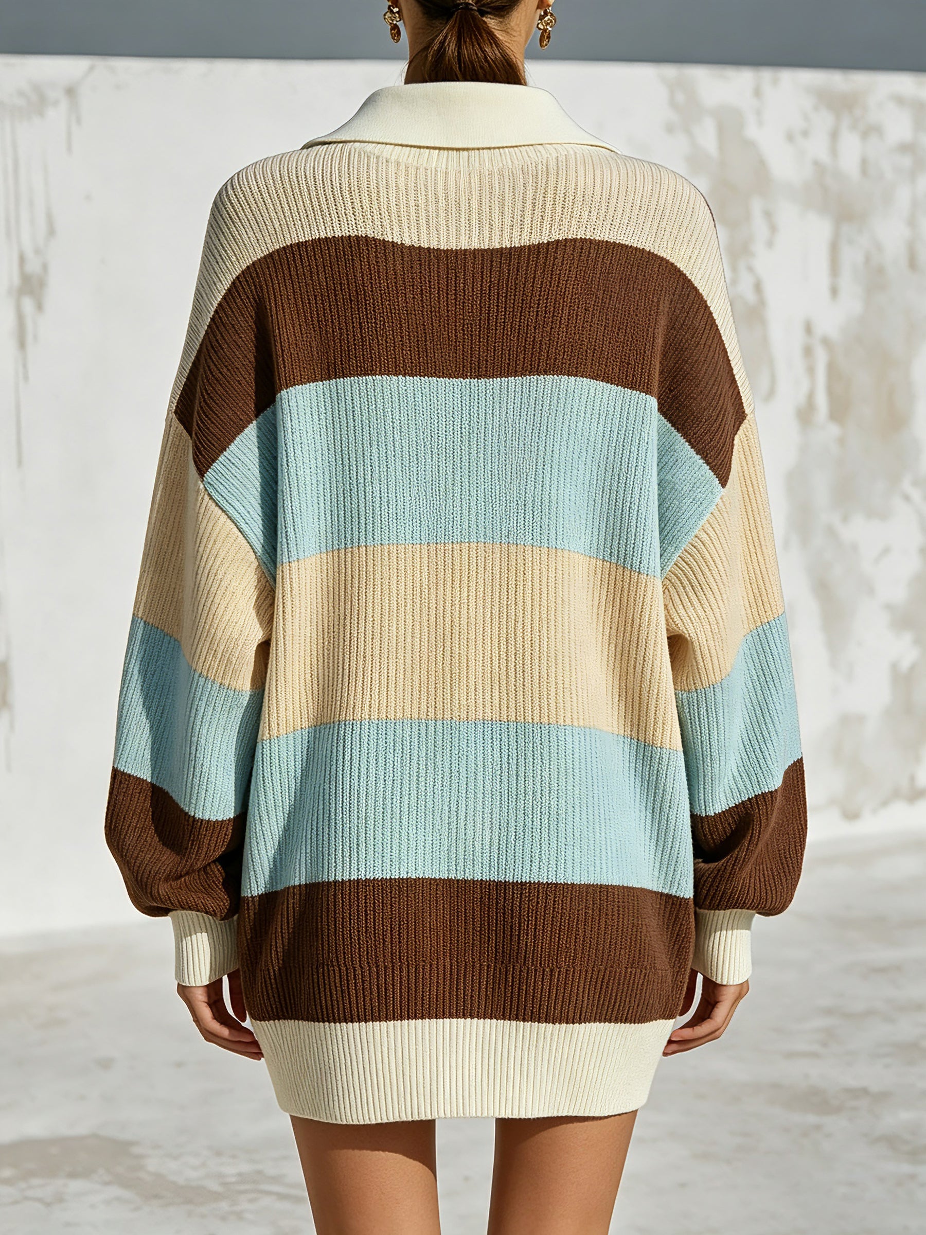 Women’s Oversized Striped Polo Sweater Dress – Casual Long Sleeve Knit Pullover With Collared Neck