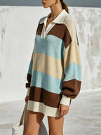 Women’s Oversized Striped Polo Sweater Dress – Casual Long Sleeve Knit Pullover With Collared Neck