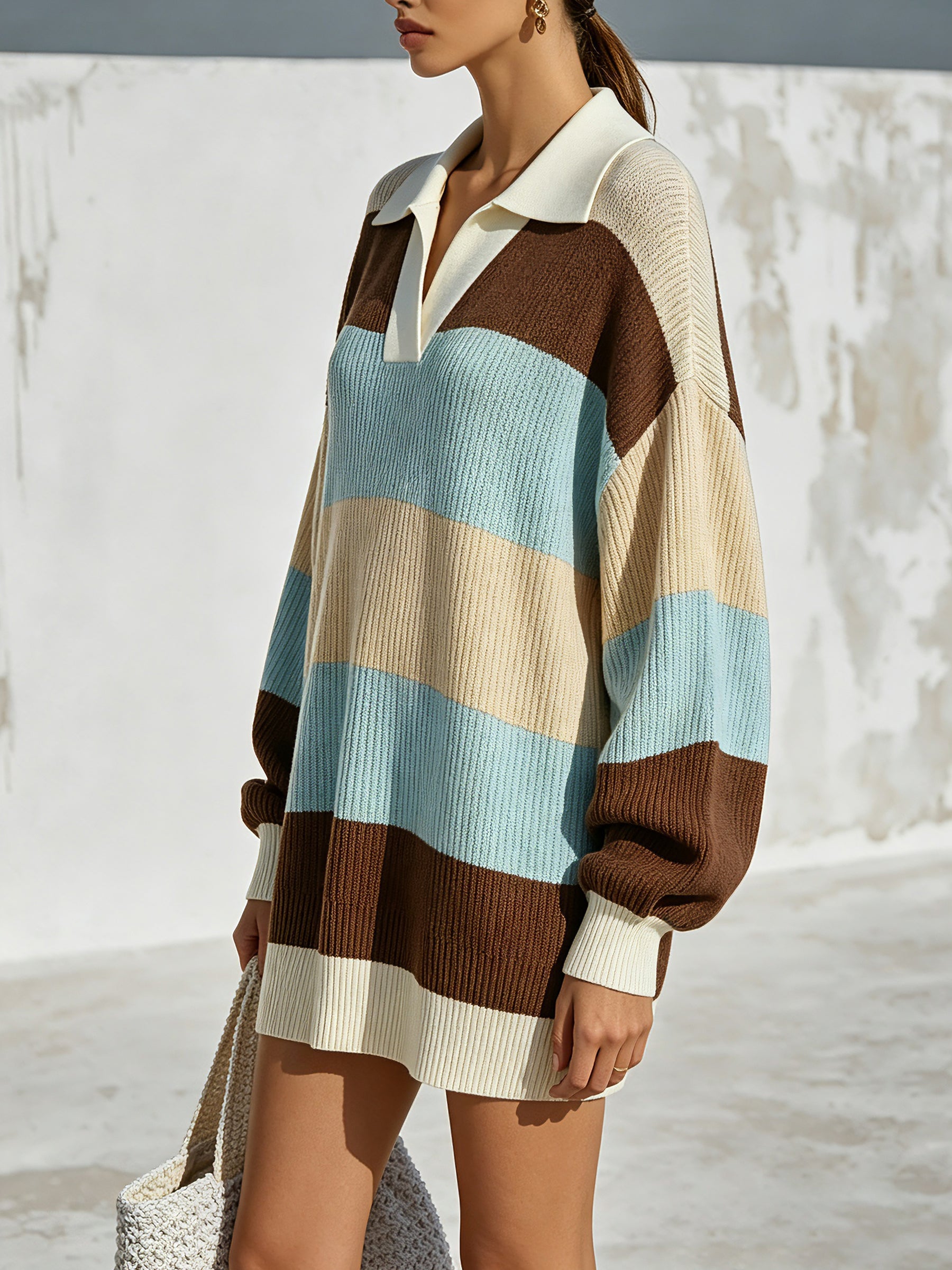 Women’s Oversized Striped Polo Sweater Dress – Casual Long Sleeve Knit Pullover With Collared Neck