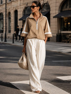 Women’s Oversized Half-Zip Pullover Top & Wide Leg Pants Set – Minimalist Casual Two Piece Lounge Outfit