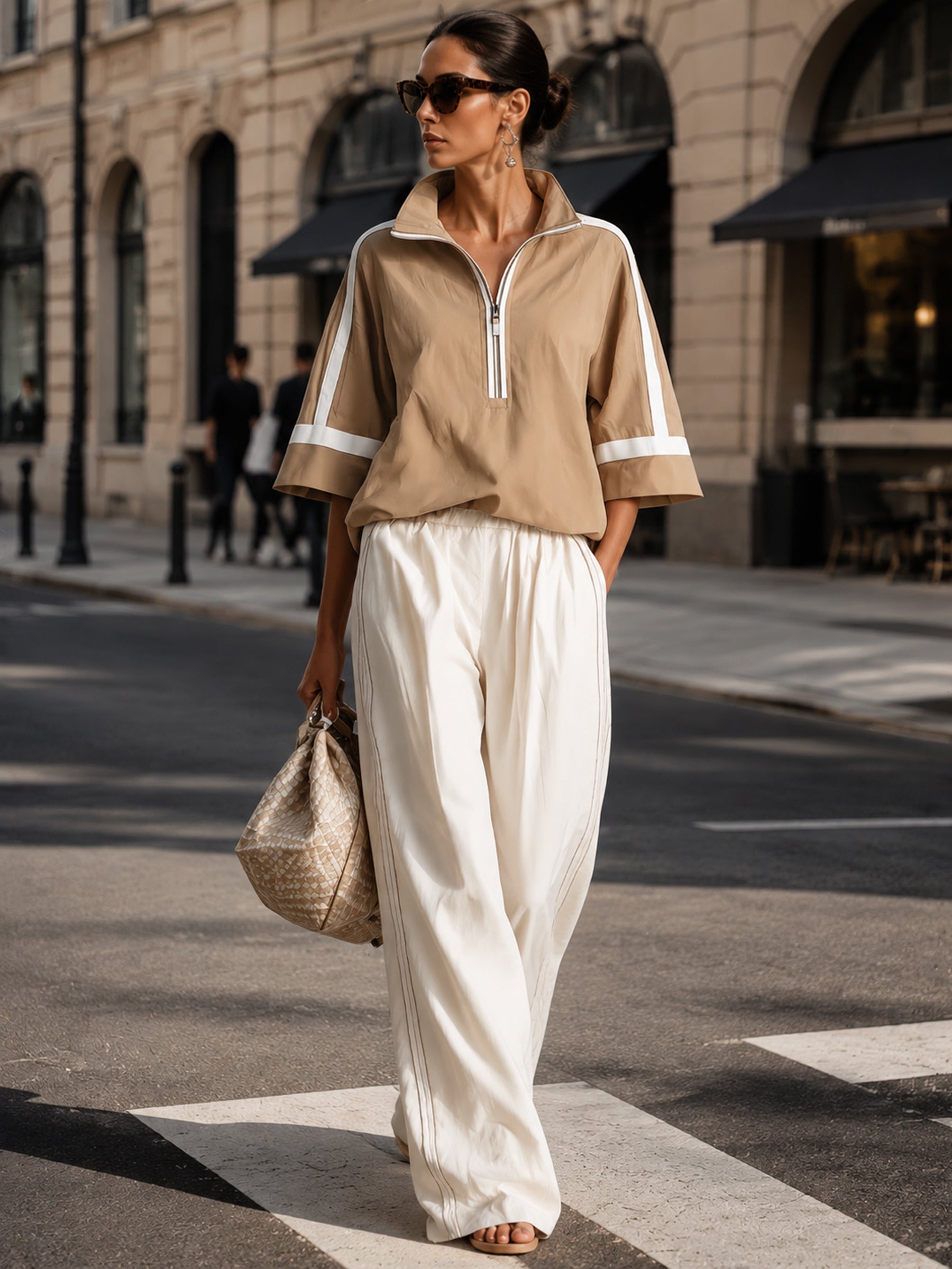 Women’s Oversized Half-Zip Pullover Top & Wide Leg Pants Set – Minimalist Casual Two Piece Lounge Outfit