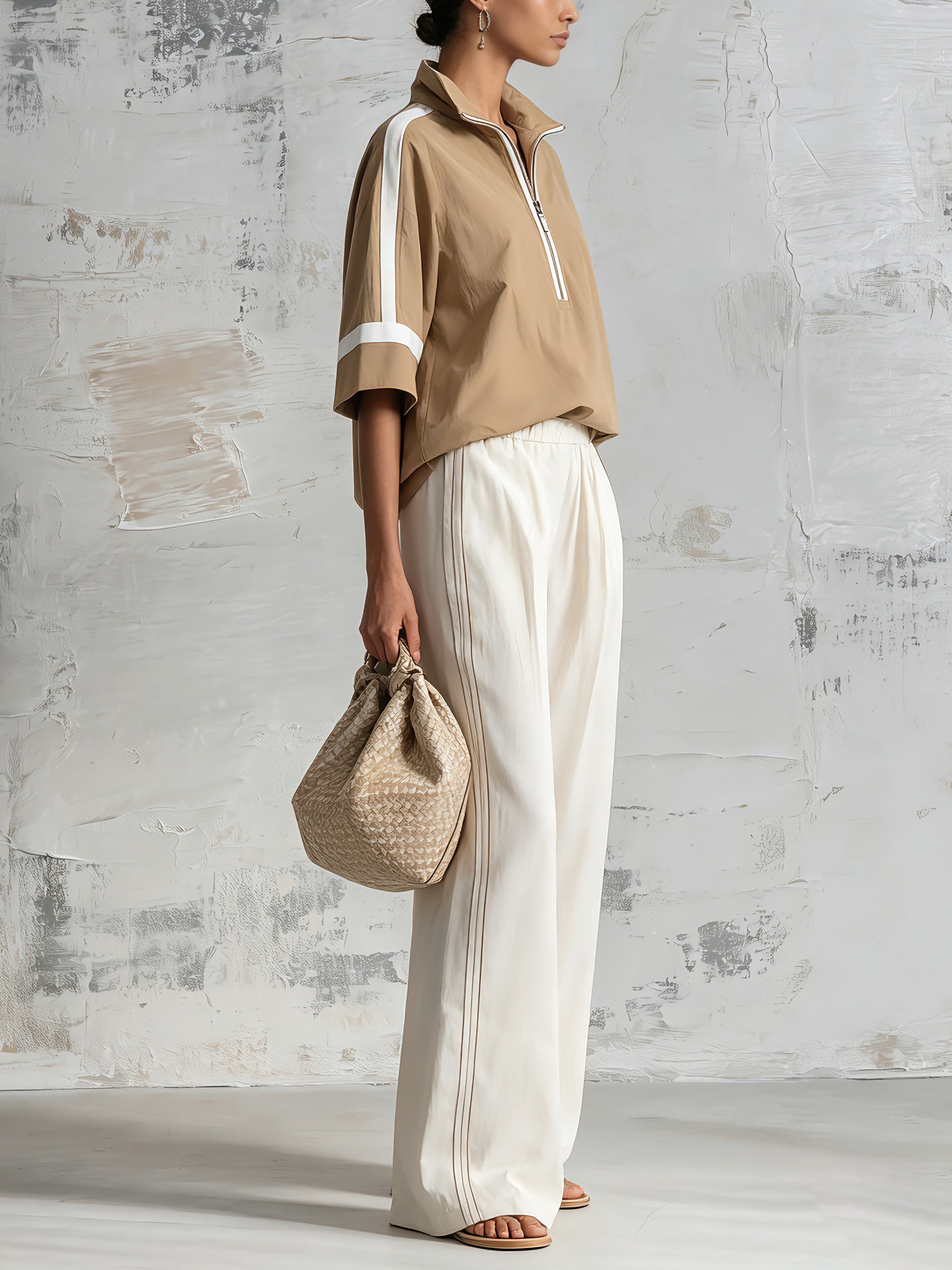 Women’s Oversized Half-Zip Pullover Top & Wide Leg Pants Set – Minimalist Casual Two Piece Lounge Outfit