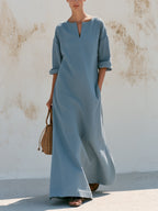 Women’s Minimalist Blue Maxi Dress – Relaxed Fit V-Neck Long Dress With Soft Texture