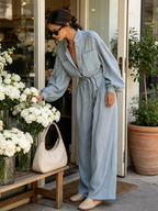 Light Blue Stand Collar Drawstring Waist Linen Blend Wide Leg Jumpsuit
