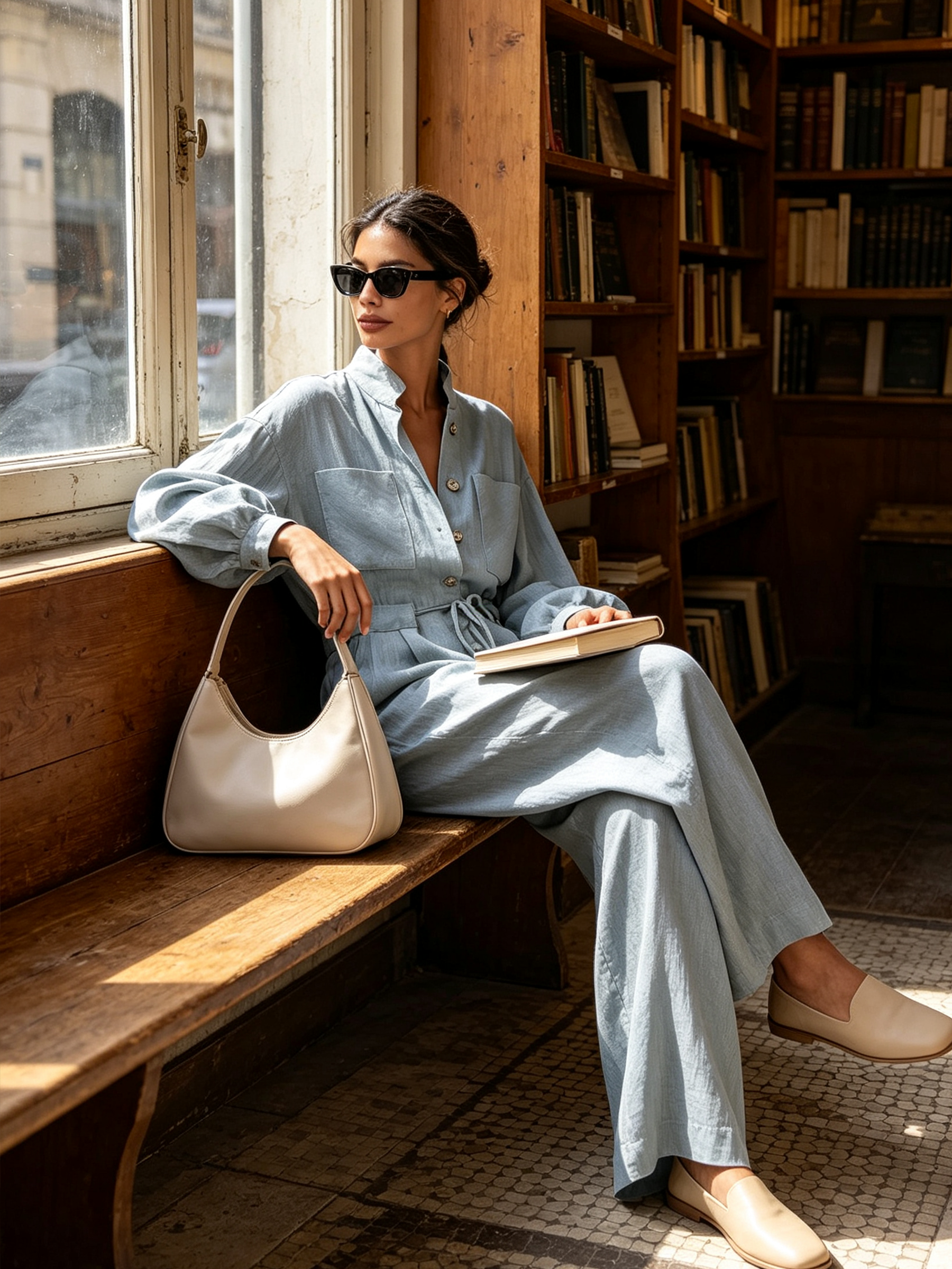 Light Blue Stand Collar Drawstring Waist Linen Blend Wide Leg Jumpsuit