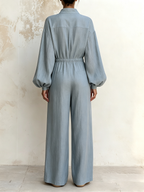 Light Blue Stand Collar Drawstring Waist Linen Blend Wide Leg Jumpsuit