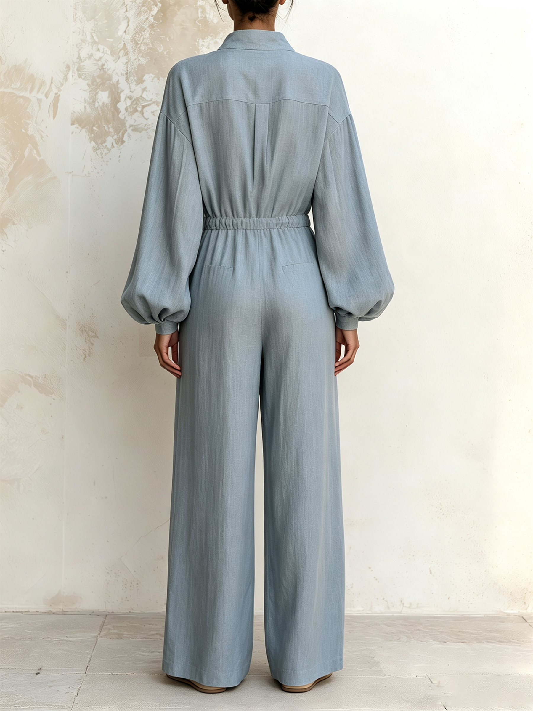 Light Blue Stand Collar Drawstring Waist Linen Blend Wide Leg Jumpsuit