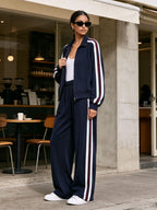 Elegant Side‑Stripe Zip‑Up Tracksuit Two‑Piece Outfit