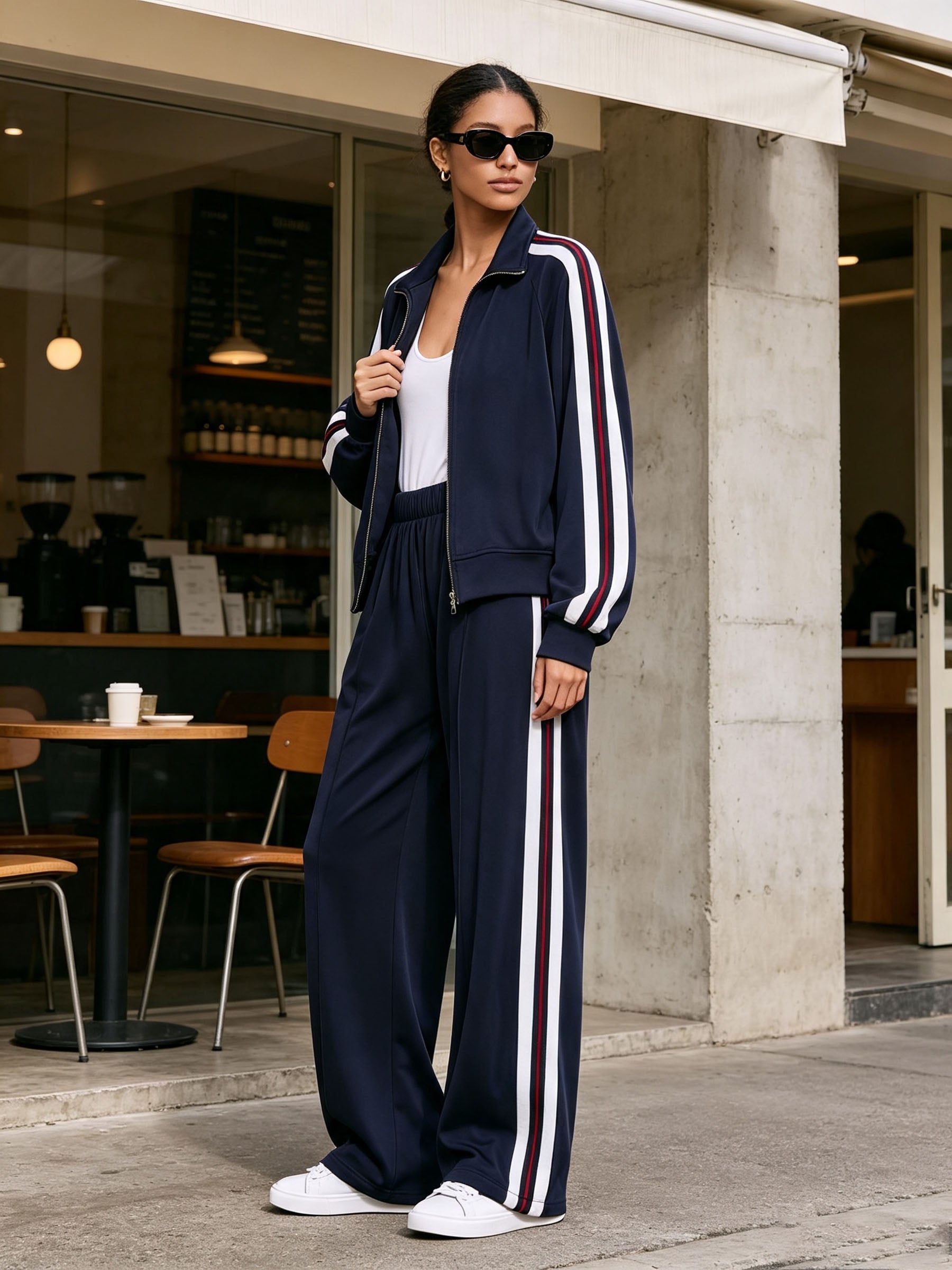 Elegant Side‑Stripe Zip‑Up Tracksuit Two‑Piece Outfit
