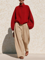 Women’s Red Knit Jacket & Wide-Leg Pants Set – Minimalist Two-Piece Casual Luxe Outfit