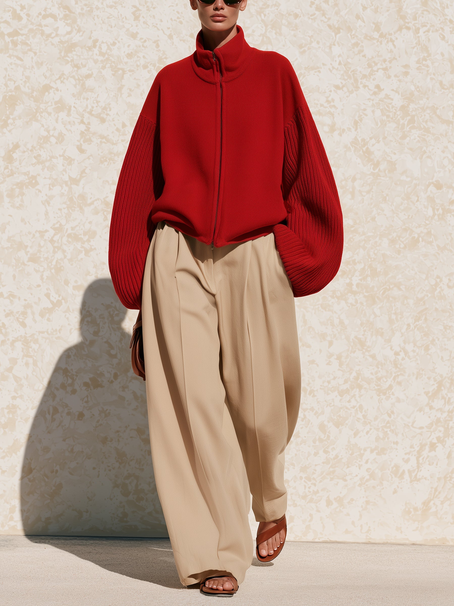 Women’s Red Knit Jacket & Wide-Leg Pants Set – Minimalist Two-Piece Casual Luxe Outfit