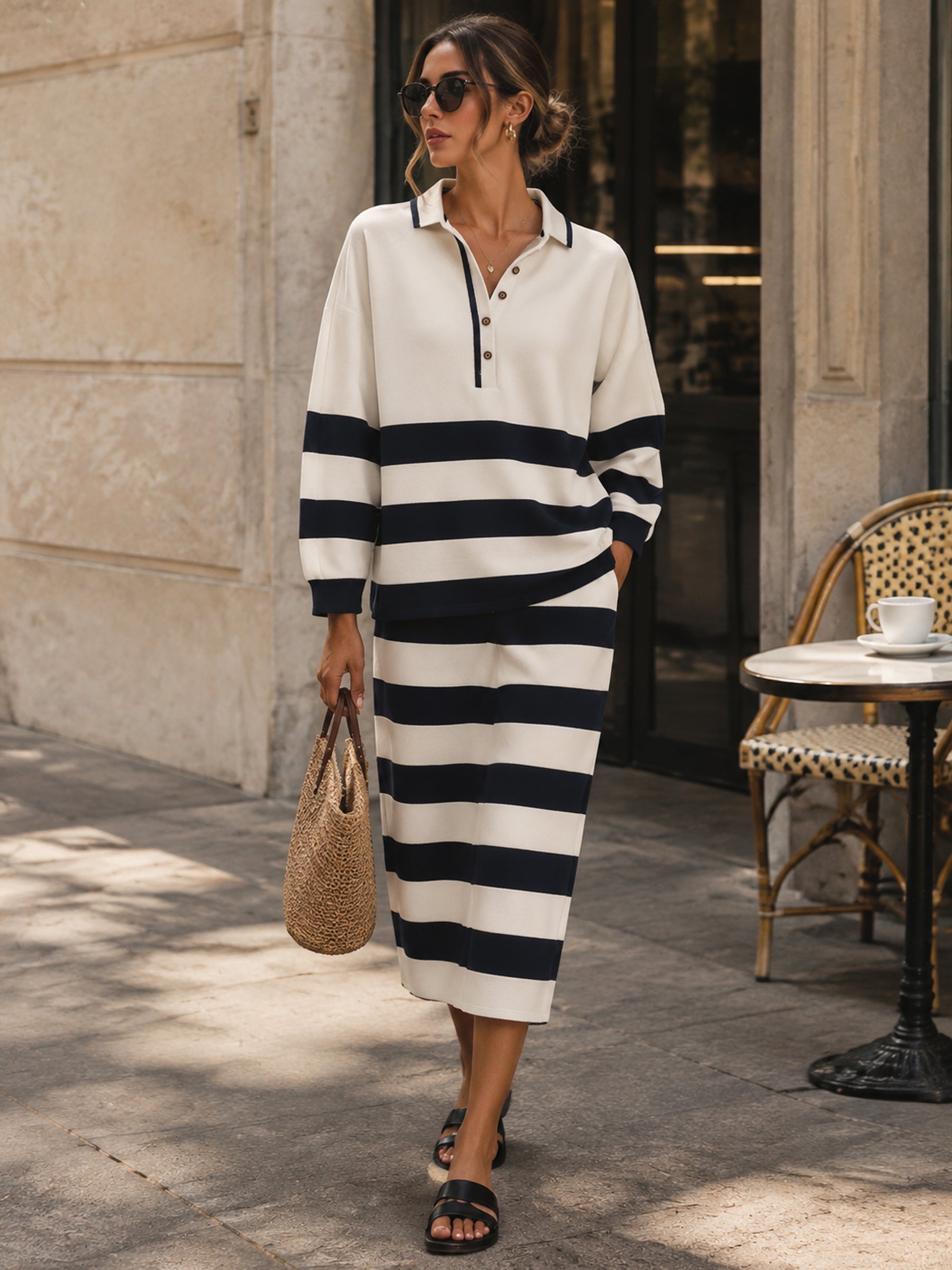 Women’s Striped Polo Two Piece Set – Oversized Long Sleeve Top & Midi Skirt Matching Outfit