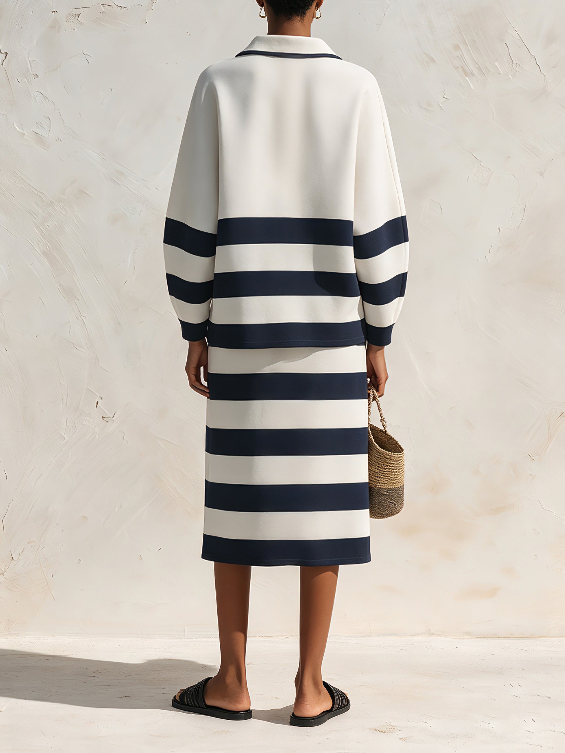 Women’s Striped Polo Two Piece Set – Oversized Long Sleeve Top & Midi Skirt Matching Outfit