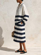 Women’s Striped Polo Two Piece Set – Oversized Long Sleeve Top & Midi Skirt Matching Outfit