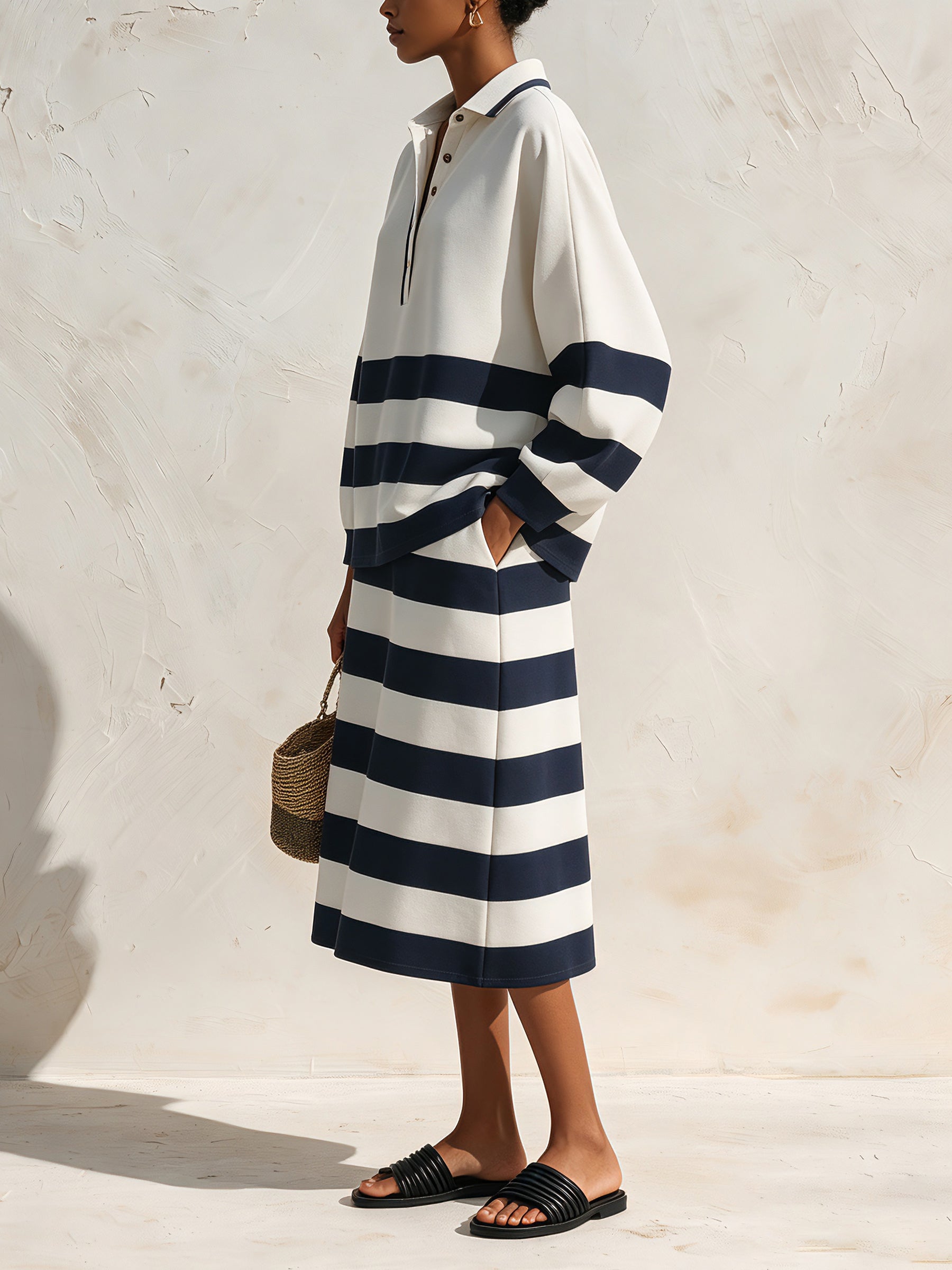 Women’s Striped Polo Two Piece Set – Oversized Long Sleeve Top & Midi Skirt Matching Outfit