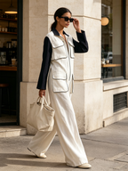 White & Navy Color Block Piping Trim Zip Front Cargo Wide Leg Jumpsuit