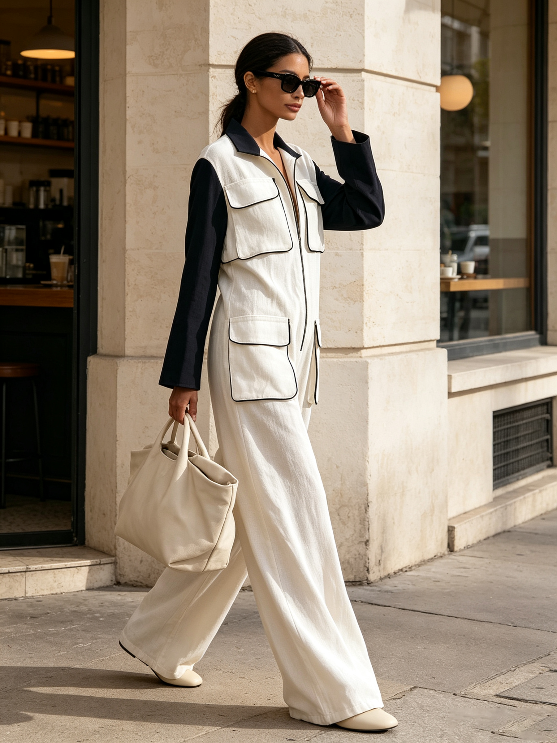 White & Navy Color Block Piping Trim Zip Front Cargo Wide Leg Jumpsuit