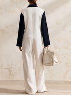 White & Navy Color Block Piping Trim Zip Front Cargo Wide Leg Jumpsuit