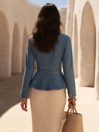 Retro Tailored Peplum Waist White Topstitching Denim Blazer