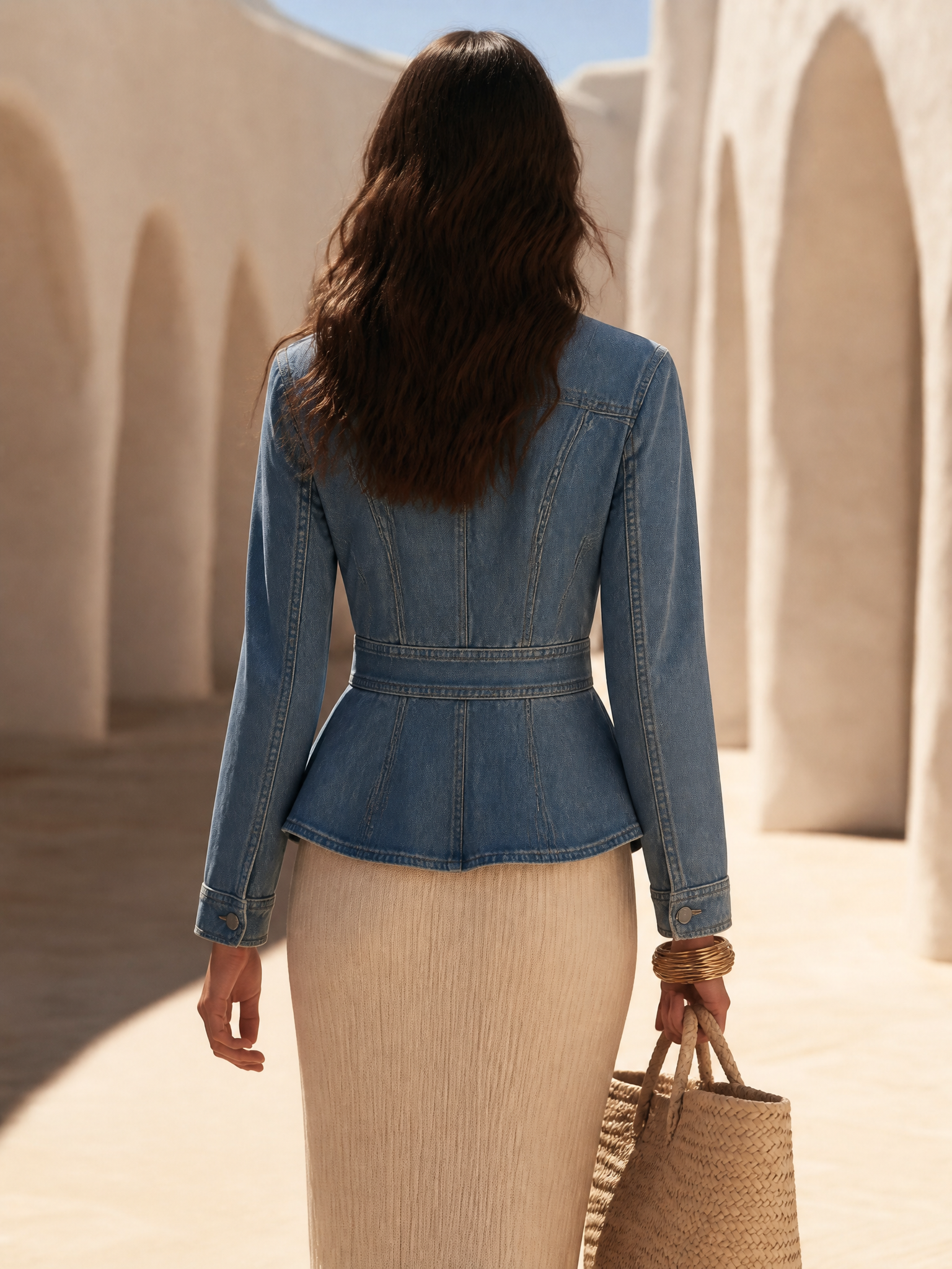 Retro Tailored Peplum Waist White Topstitching Denim Blazer