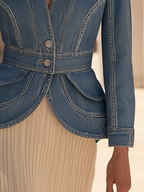 Retro Tailored Peplum Waist White Topstitching Denim Blazer