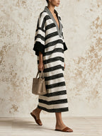 Women’s Black & White Striped V-Neck Midi Dress – Relaxed Fit Woven Dress With Wide Sleeves