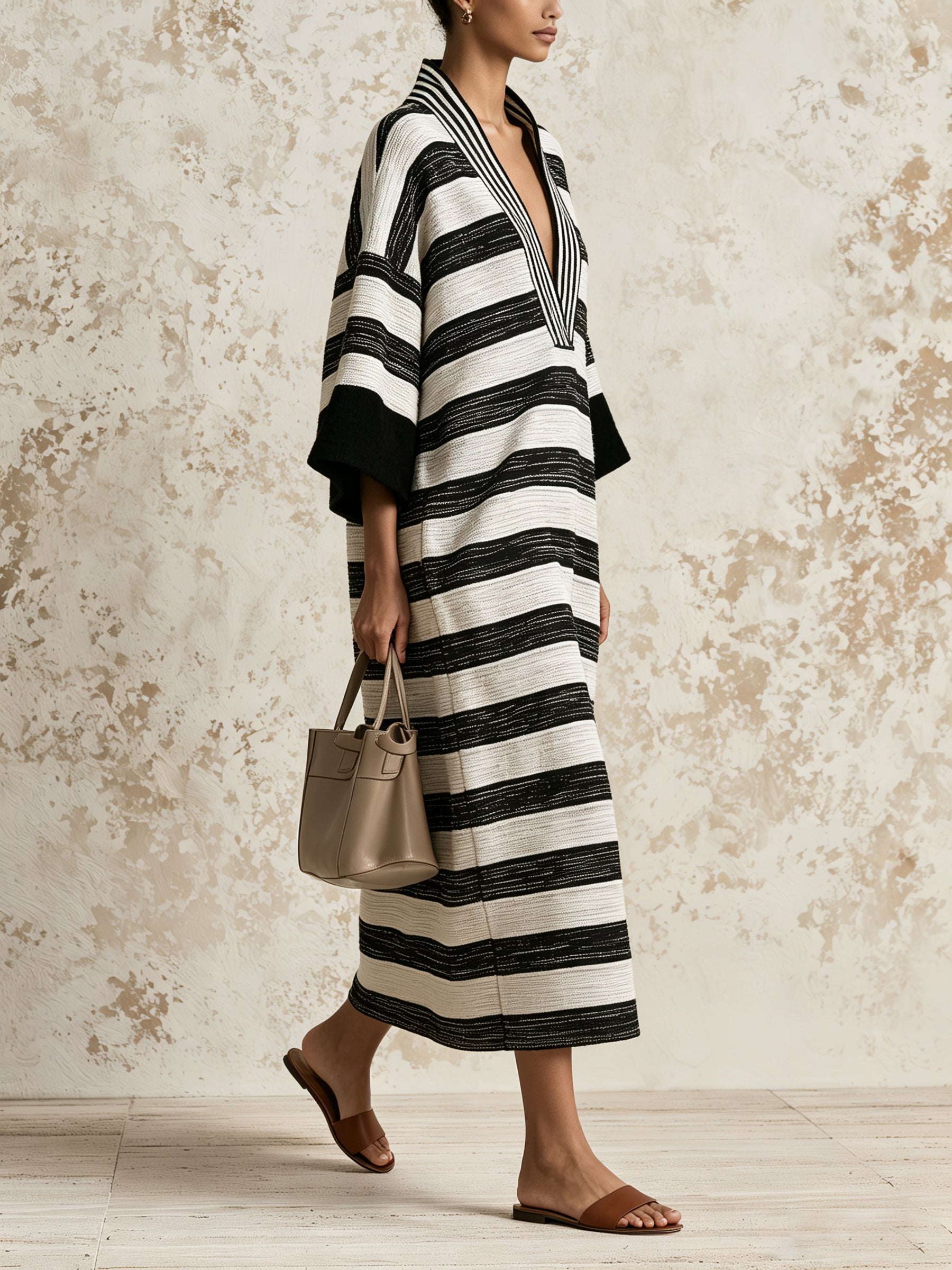Women’s Black & White Striped V-Neck Midi Dress – Relaxed Fit Woven Dress With Wide Sleeves
