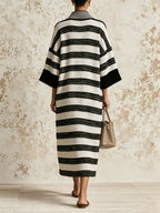 Women’s Black & White Striped V-Neck Midi Dress – Relaxed Fit Woven Dress With Wide Sleeves