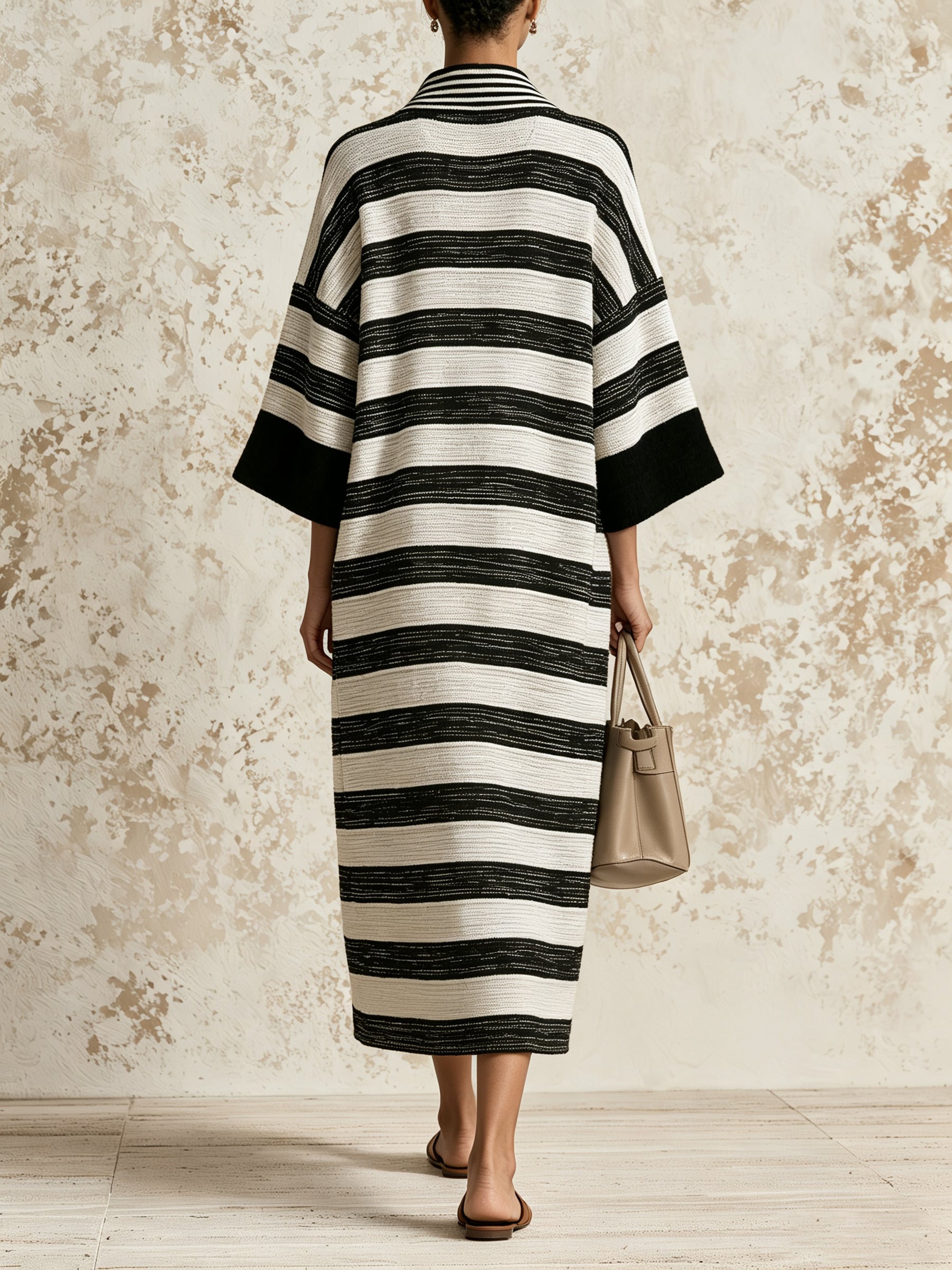 Women’s Black & White Striped V-Neck Midi Dress – Relaxed Fit Woven Dress With Wide Sleeves