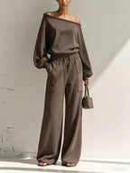 Asymmetrical One Shoulder Red Piping Sweatshirt Wide Leg Pants 2 Piece Set, Luxury Loose Loungewear Tracksuit For Women
