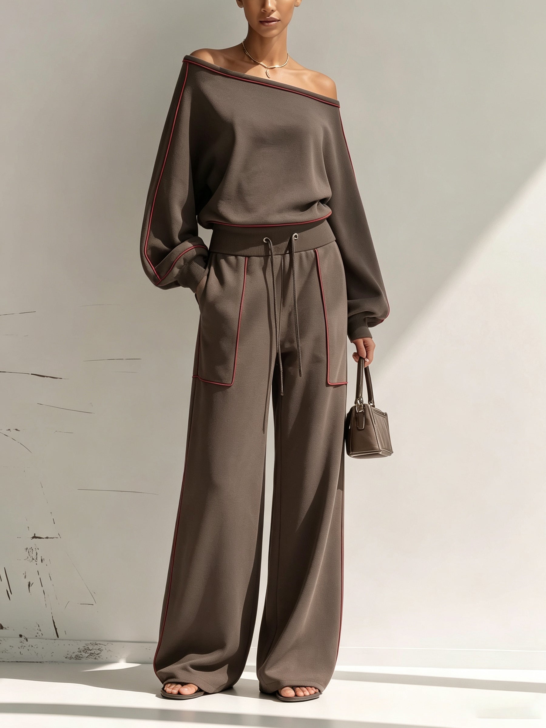 Asymmetrical One Shoulder Red Piping Sweatshirt Wide Leg Pants 2 Piece Set, Luxury Loose Loungewear Tracksuit For Women